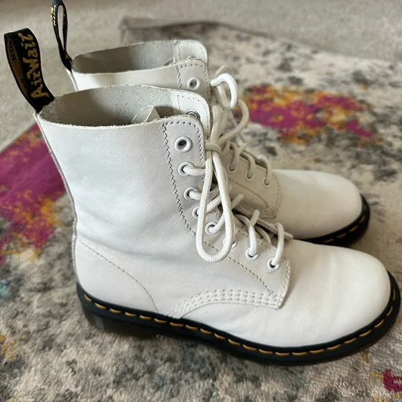 Dr Doc Martens 1460 Pascal Virginia Leather White Combat Boots Blanche Size 7 Wo - Picture 3 of 6